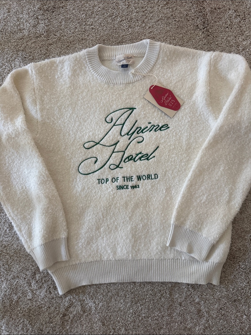 Universal Thread Cream Sweatshirt with Green Alpine Hotel Embroidery